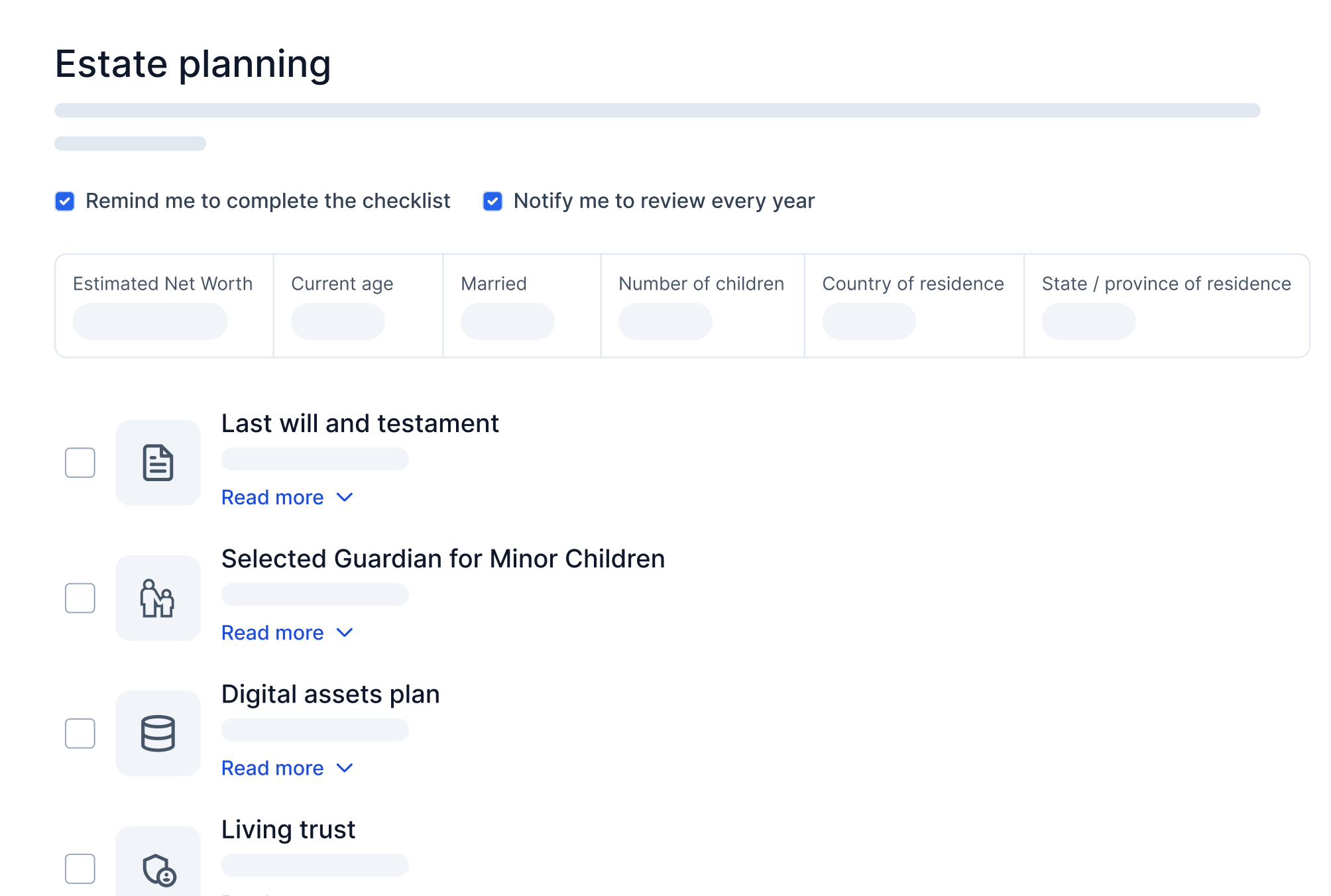 Estate planning checklist with options for will, guardian, digital assets plan, and living trust.