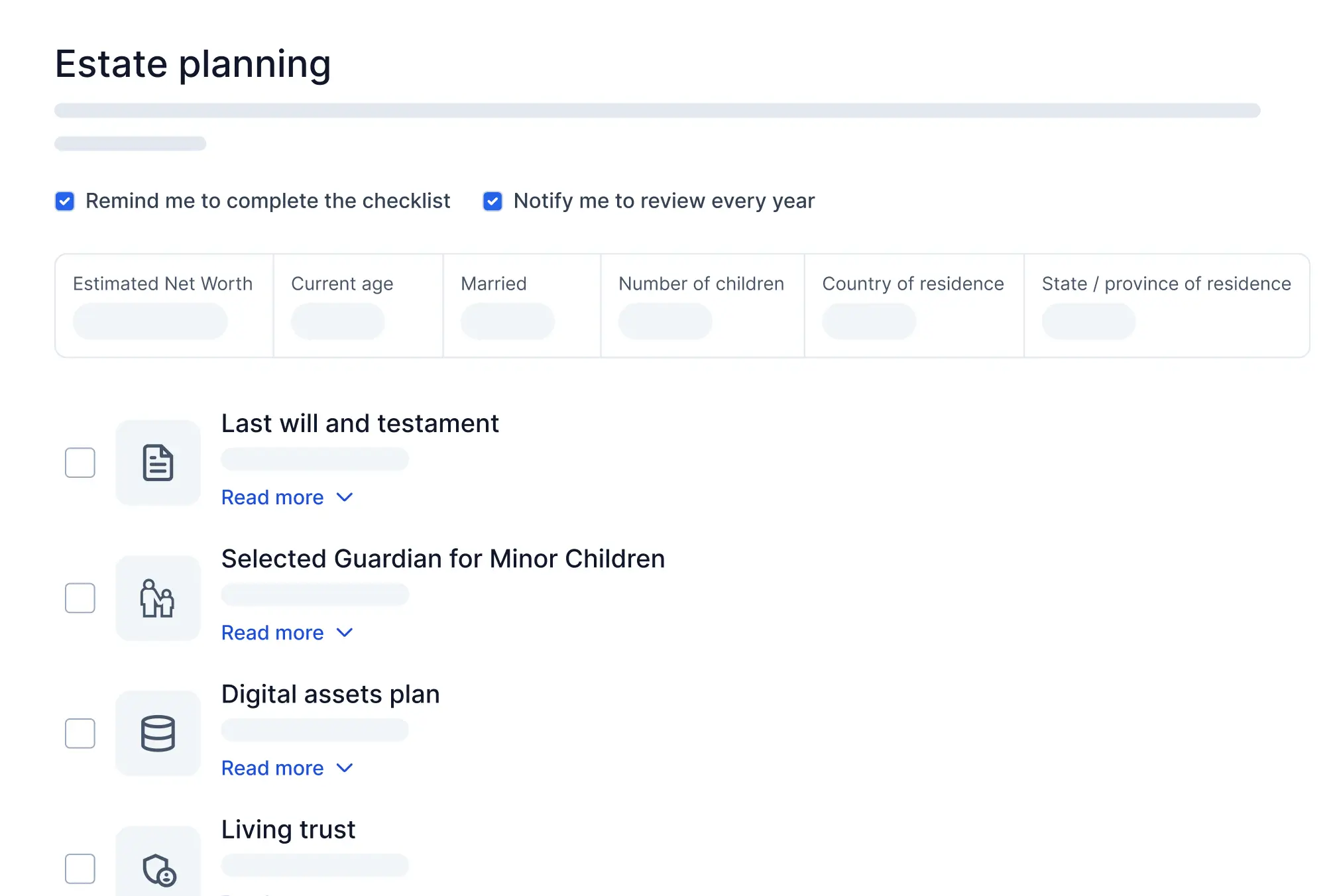 Estate planning checklist with options for will, guardian, digital assets plan, and living trust.